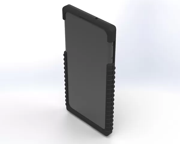 Front of the assembled case with the phone fitted, dark screen ringed by the ribbed bumper