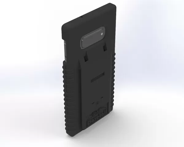 Galaxy S10e in the case with its horizontal camera bar showing through the rear opening