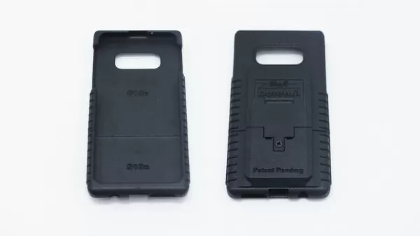 Two S10e cases side by side, one turned inside up and embossed S10e, the other marked Patent Pending