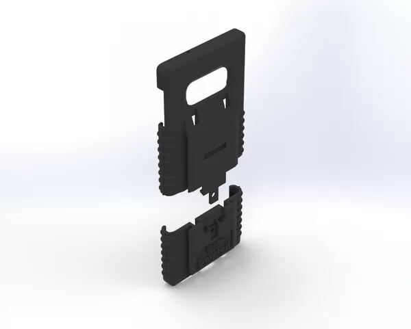 Two-piece S10e case separated, main shell above the slide-on bottom section, rear angle