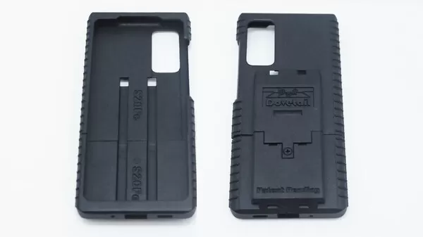 Two S20Fe cases side by side, one turned inside up and embossed S20Fe, the other marked Patent Pending