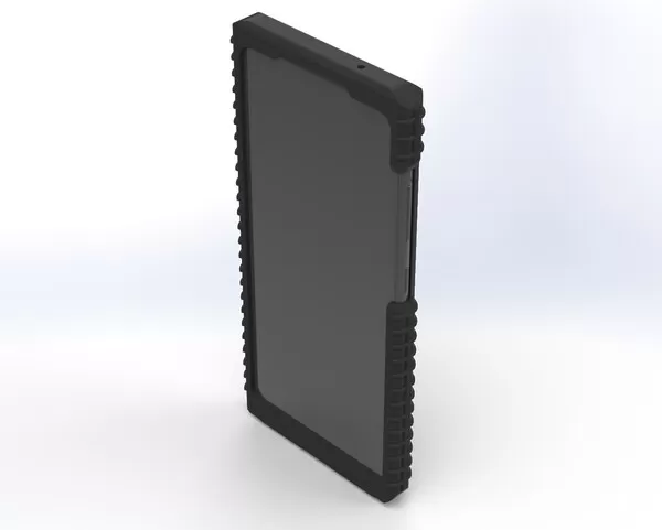 Front of the assembled case with the phone fitted, dark screen inside the ribbed black bumper