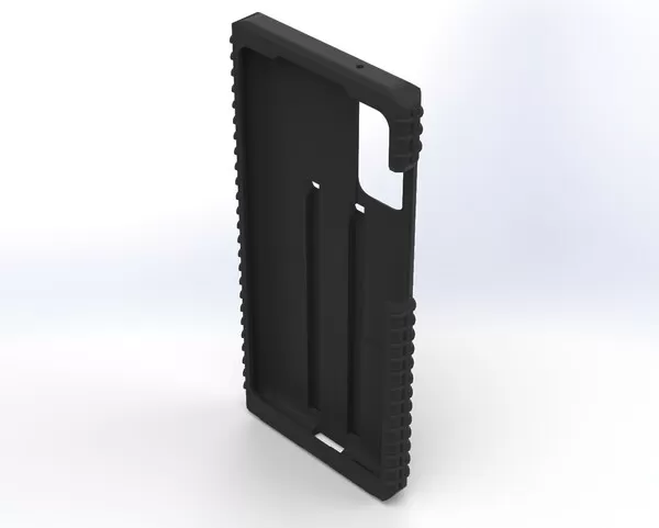 Angled look into the empty shell, ribbed corner grips and the two long dock slots in view