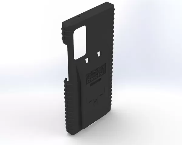 Empty S20Fe case at a three-quarter rear angle, ribbed side grips and open camera cutout