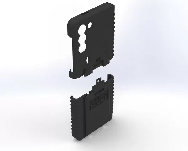 Two-piece S21 case pulled apart, upper shell above the lower docking half with camera cut-outs