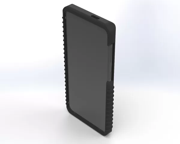 Front three-quarter view of a phone in the case, screen framed by the raised protective bezel