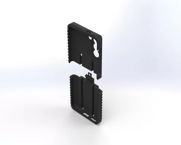 Case separated and seen from the inside, hollow phone cavity above the ribbed lower half