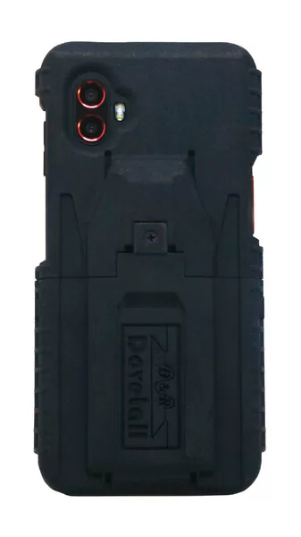 Assembled case on the phone from behind, red camera lens rings beside the molded cleat