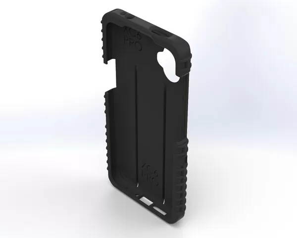 Empty case shell tilted to show XC6 PRO molded inside the phone cavity and the lens opening