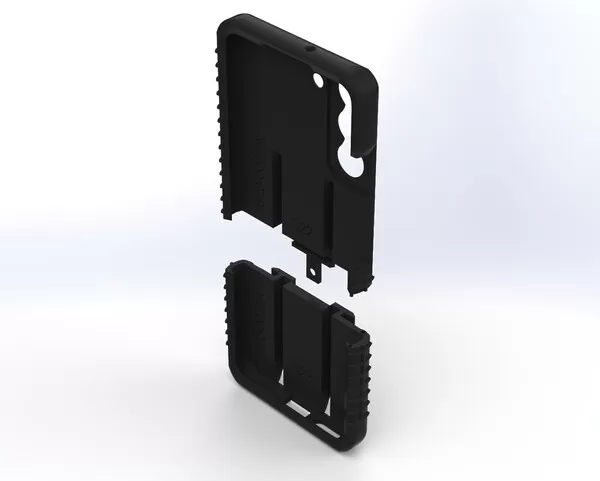 Interior side of the two parts pulled apart, showing the tongue that joins shell to base