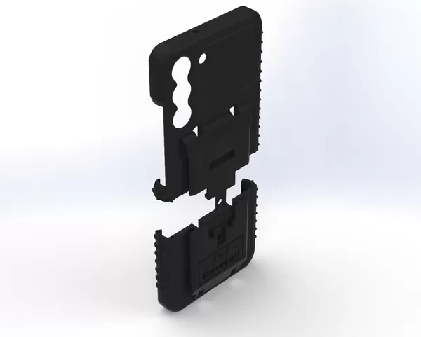 S22 case separated into its two halves, upper shell floating above the ribbed lower section