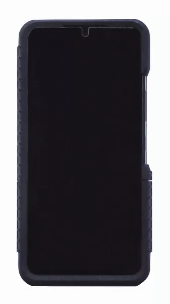 Front of the finished case photographed flat, black screen surround and textured side edges