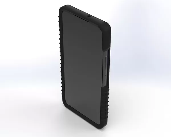Front three-quarter view of the cased phone, dark screen and side buttons inside the raised bezel