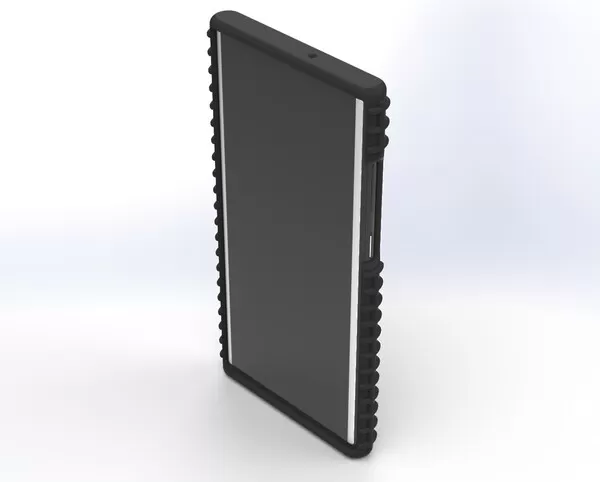 Front three-quarter view of the cased phone, screen framed by the ribbed protective edge