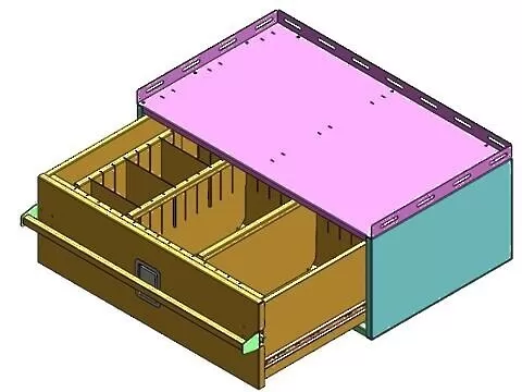 Drawer pulled open on the CAD model of the cabinet, showing vertical and horizontal adjustable dividers