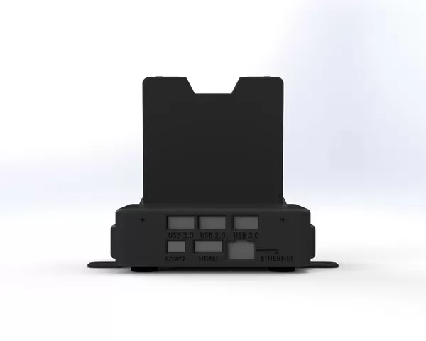 Rear panel labelled USB 2.0, USB 2.0, USB 3.0, POWER, HDMI and ETHERNET beneath the phone cradle