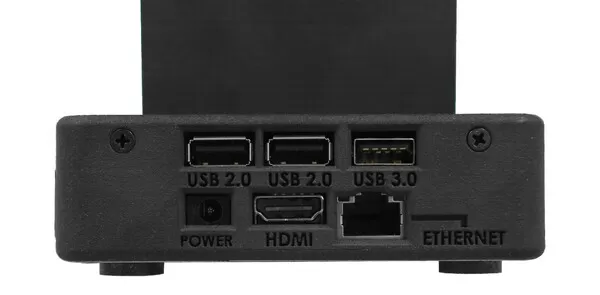 Close-up of the connector bank: two USB 2.0 ports, one USB 3.0, power, HDMI and Ethernet sockets