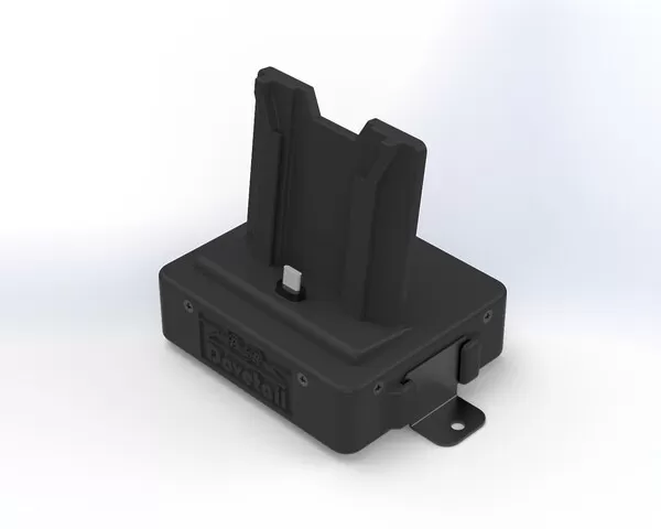 Three-quarter view showing the cradle, upright USB-C pin and the L-shaped mounting bracket on the side