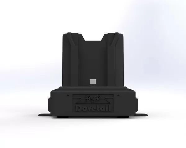 D&R Dovetail desktop docking station, front view of the empty phone cradle above the embossed logo base