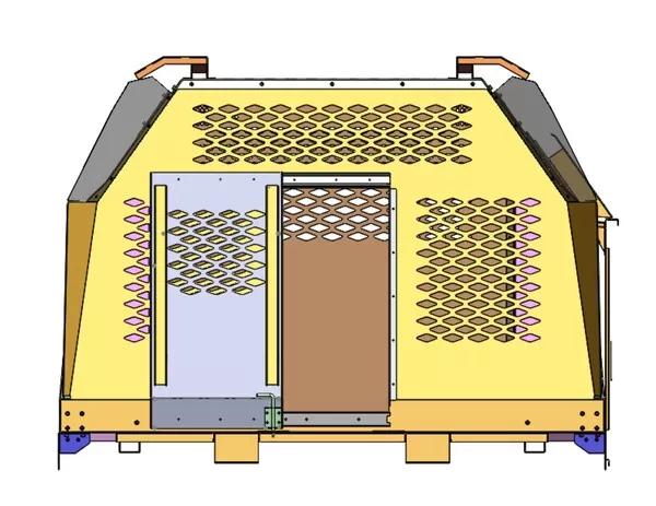 Front elevation showing a front slide door beside honeycomb cut-outs for increased airflow