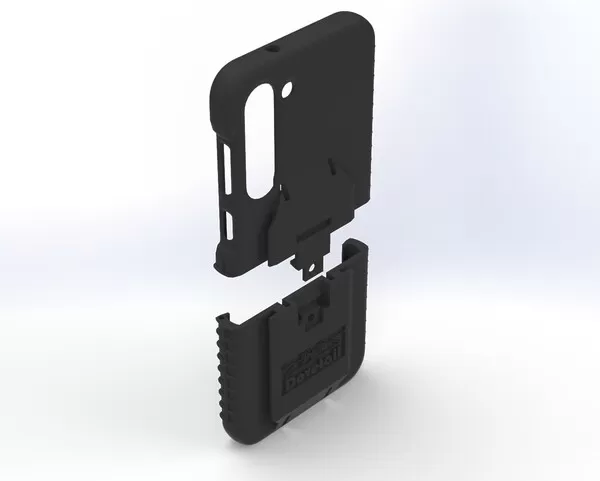 Exploded view with the top case shell floating above the lower half that carries the dock plate