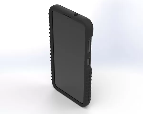 Front three-quarter of the case, screen opening with the side button cut-outs on the right edge