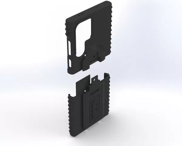 Exploded render with the top shell lifted off the lower half that carries the dock cleat