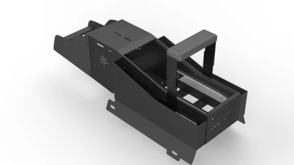 Overhead angle of the console showing the open equipment bay, mounting rails and floor plate tabs