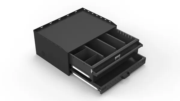 Drawer unit with the top drawer extended, dividers sectioning the tray and the electronics tray on slides below