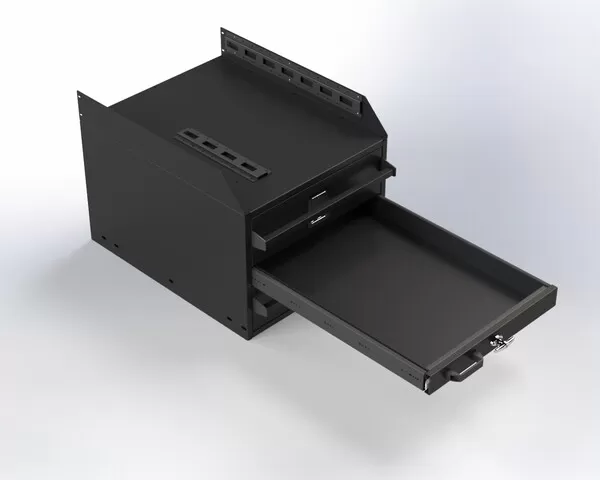 Wide lower drawer of the cabinet pulled fully out, empty rubber-lined base riding on heavy-duty slides
