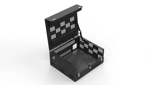 Lid propped open on the electronics box, showing the empty vented interior and hinge support prop