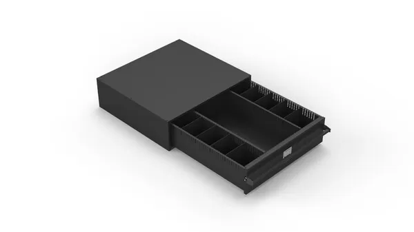 Drawer slid out on the storage cabinet, showing adjustable dividers splitting the tray into compartments