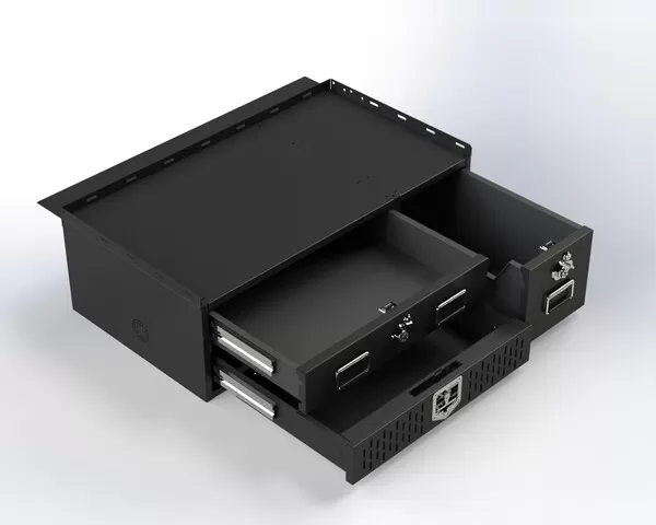 Upper and side drawers pulled open on the storage cabinet, showing empty trays on heavy-duty slides