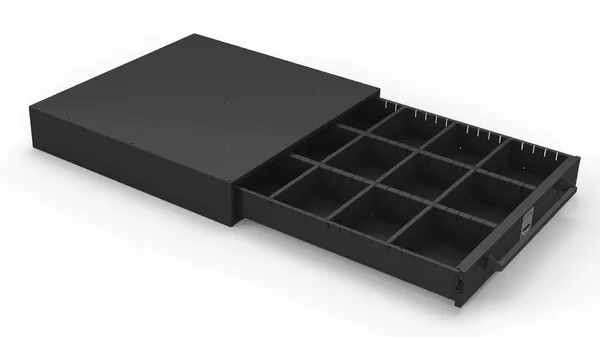 Wide drawer fully extended, its base split into a grid of cells by fixed and adjustable dividers