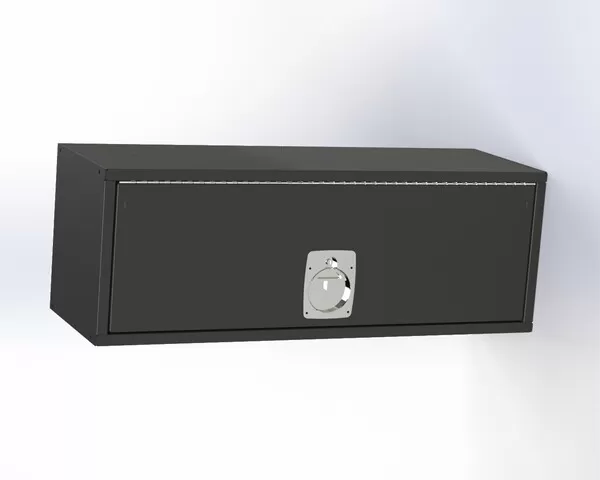 D&R 934-1018A truck bed storage locker with drop-down door and locking D-ring latch, front view