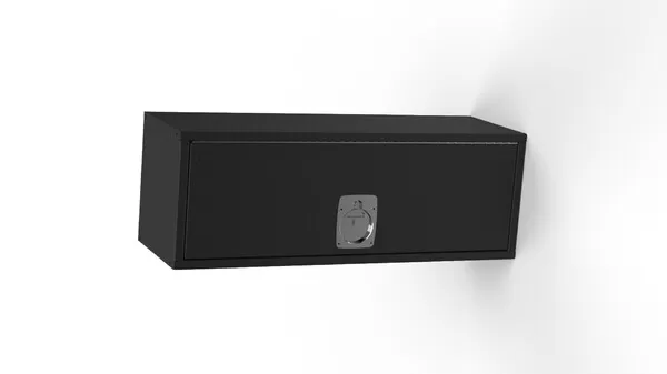 Truck bed locker seen from above the right end, showing the flush top panel and full-length door hinge