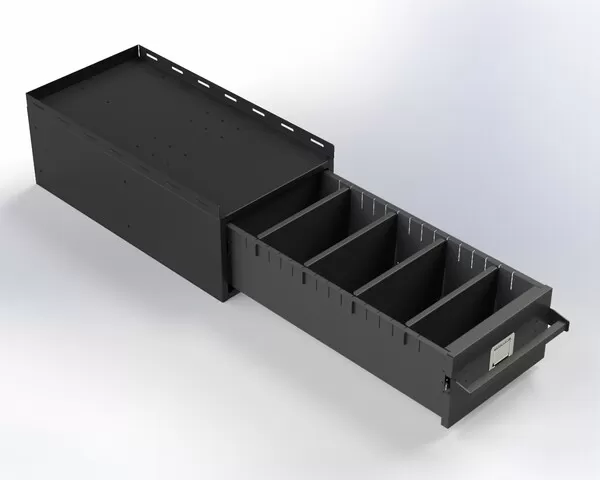 D&R 934-1011A single-drawer storage cabinet for the Ford Utility, drawer open with adjustable dividers