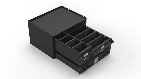 Top drawer slid out on the three-drawer cabinet, showing a grid of adjustable dividers and label holders