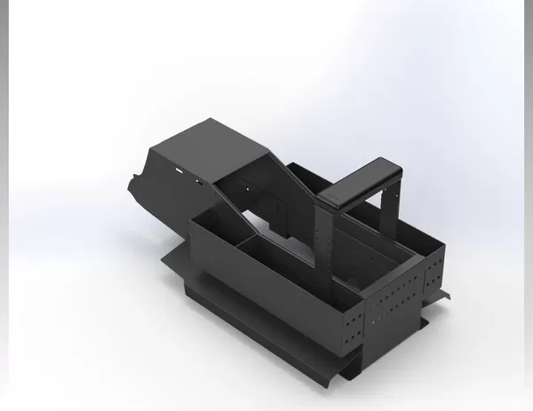 Rear angle of the console showing storage pockets on both sides and the open equipment bay
