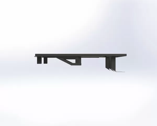 Side elevation of the steel frame showing its low profile and the drop-down mounting brackets